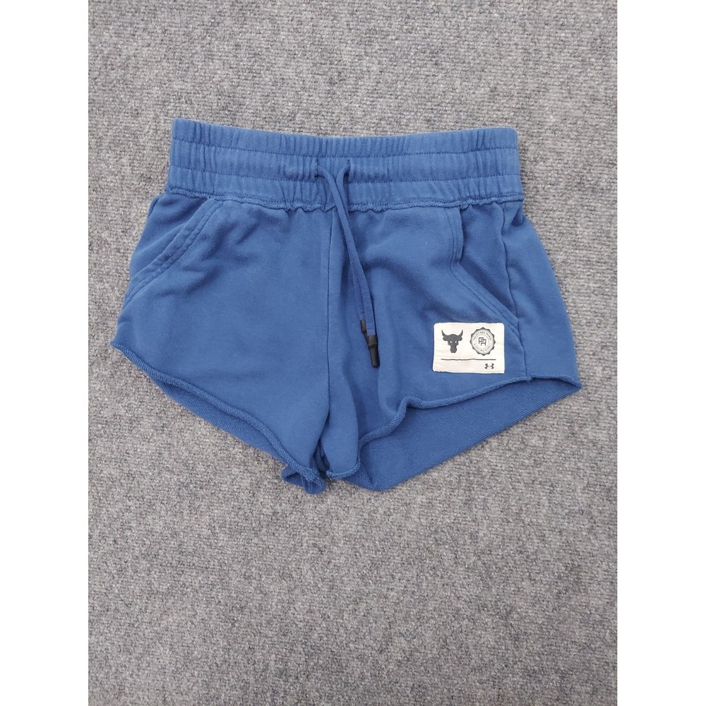 Under Armour Project Rock Terry Shorts Women XS Blue Fleece Drawstring Logo